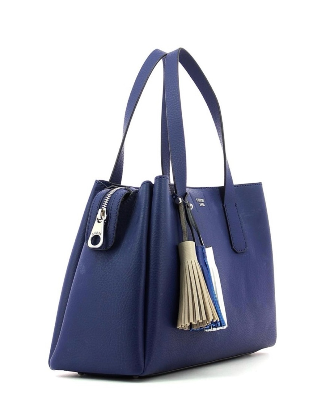 GUESS Blue Pebbled Leather Tote with Tri-Tassel Accent